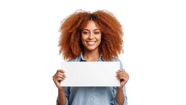 Radiant woman displaying a pristine placard against isolated transparent area conveying optimism