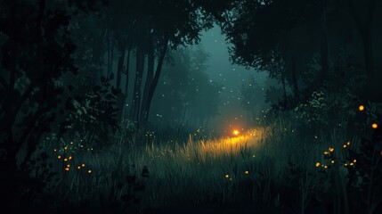 Misty forest path glows with fireflies at night