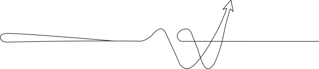 Continuous one line drawing of growth chart with arrow symbolizing success, progress and business development