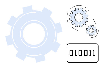 Large gear and smaller interconnected gears with binary sequence emphasizing technology, automation, engineering, programming, innovation, data processing, and industry in a simple flat metaphor