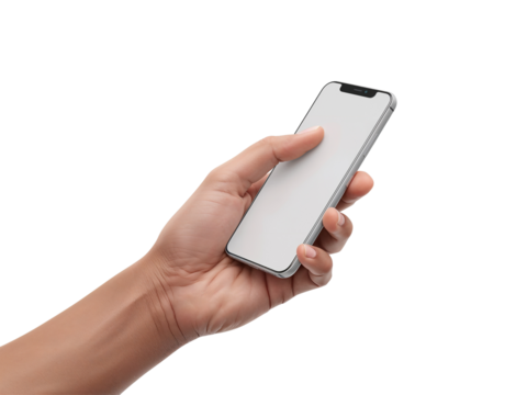 Hand gripping a contemporary smartphone device against a clean isolated transparent setting