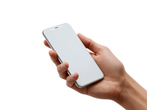 Hand delicately presenting a modern blank smartphone for product display with isolated setting