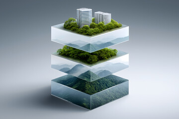 Abstract layered landscape showcasing urban buildings and natural environments, reflecting balance between nature and development
