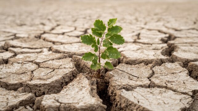 A small green plant pushes through the dry, cracked soil, indicating resilience in a drought-affected area. The harsh environment highlights the struggle for survival amidst adversity.