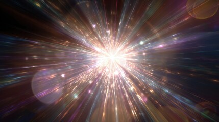 Obraz premium Bright, colorful light bursts from a center point, radiating outward in various hues, creating a mesmerizing cosmic display reminiscent of a stellar explosion in outer space.