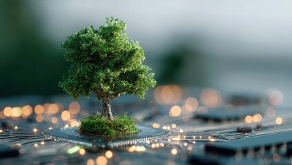 A tree growing on top of an electronic circuit board, symbolizing the integration and support for sustainable technology.
