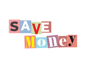 colorful save money text on transparent background.