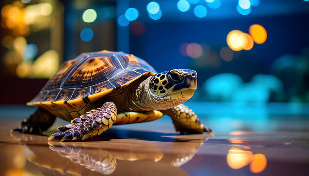 Close Up Of Turtle With Detailed Shell Pattern Standing On A Wet Surface With Bokeh Background