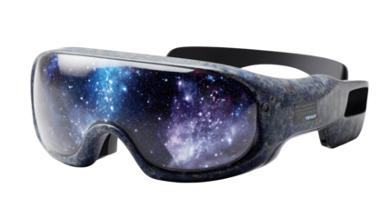 3D product rendering, designed in sci-fi style, space glasses with a starry sky pattern on the surface of the glasses, made of dark blue marble and black metal.
