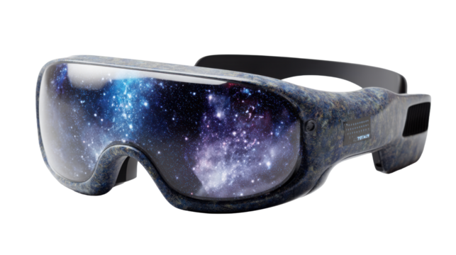 3D product rendering, designed in sci-fi style, space glasses with a starry sky pattern on the surface of the glasses, made of dark blue marble and black metal.
