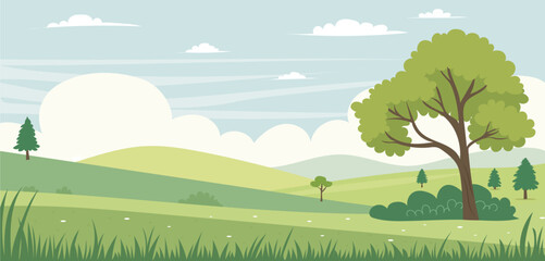 Obraz premium Scenic Landscape Illustration with Rolling Hills and Trees