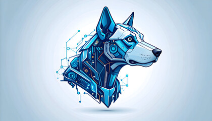 Cybernetic Dog Profile in Blue and White Pixel Art Style on a Light Blue Background