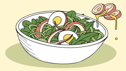 Delicious octopus salad recipe with eggs and onion rings and dressing for healthy eating and lunch ideas
