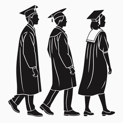 Diverse graduates walking in academic regalia graduation
