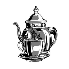 Tea pot and cup illustration – black and white vintage teapot with hot drink
