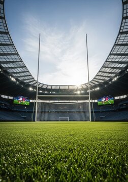 Wide Angle View of a Gaelic Football Pitch at a Modern Stadium on a Sunny Day, Sports Goal Posts and Net, and Green Grass