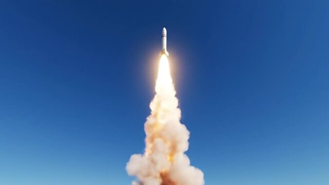 Rocket Launching into the Blue Sky, Creating a Trail of Smoke and Fire