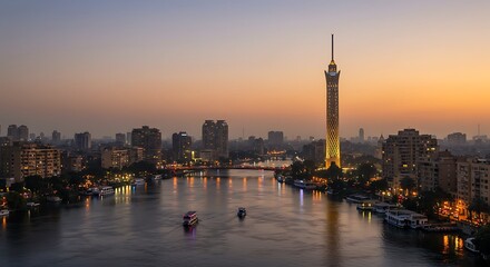 Fototapeta premium A breathtaking view of the Cairo skyline and the iconic tower reflecting beautifully on the Nile River at sunset.
