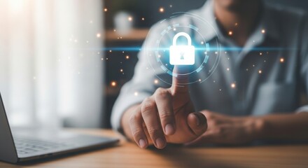 Person s finger touching a digital lock icon representing cybersecurity and data protection