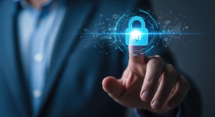 Businessman s finger activates glowing digital padlock symbolizing data protection and cybersecurity concept