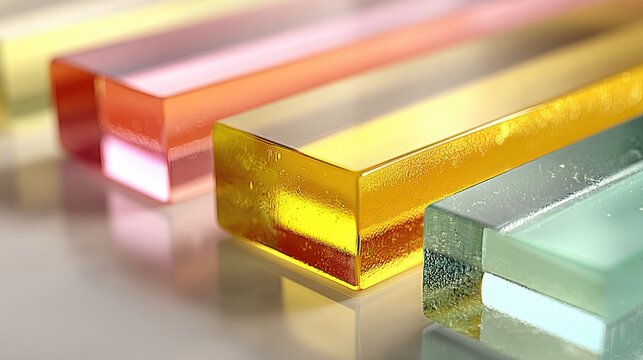 Colorful translucent rectangular prisms arranged in a row, reflecting on a light surface