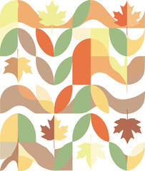 Abstract geometric seamless pattern with colorful autumn maple leaves and flowing organic shapes.