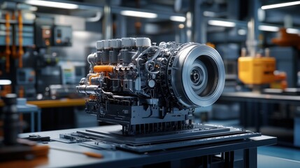 Modern engine in a manufacturing facility;  Precision engineering in a production environment