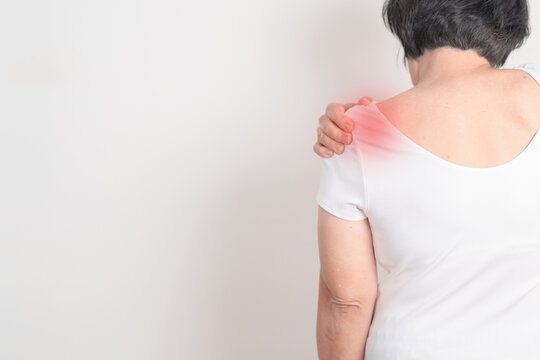 Elderly Woman having Shoulder Pain for Muscle Inflammation and Sprain, Myofascial ache syndrome and Fibromyalgia, Shoulder Myalgia, Scapular Tightness, Cervical Spine, Rheumatism and Health care