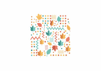 A colorful autumn pattern with flat design leaves, dots, and zigzag lines in a retro style.