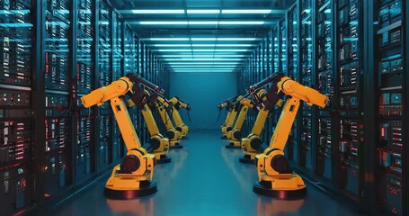 Robotic arms working in modern data center, showcasing automation and technology solutions - Powered by Adobe
