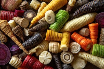 Colorful sliced root vegetables