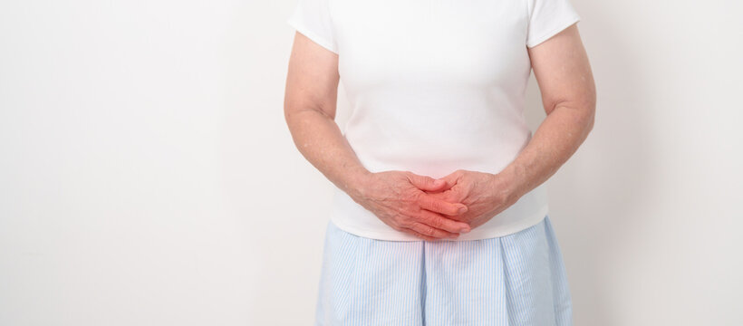 Elderly woman having Bladder pain for concepts of Bladder disease, Cancer Awareness Month May, Cystitis, Bladder Stone, urinary tract infection, UTI, Urethritis, Pyelonephritis, Urinary incontinence
