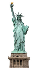 Obraz premium The statue of liberty standing tall against a black background, holding a torch aloft in her right hand