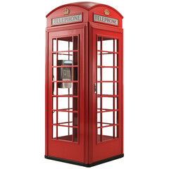 Isolated red telephone booth with glass panels and a telephone inside on a black background