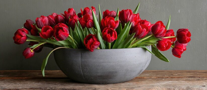 Large gray bowl filled with vibrant red tulips sits on rustic wooden table, creating striking contrast against muted background - Powered by Adobe
