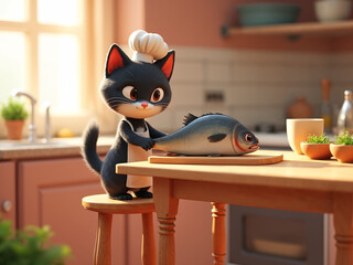 A cute cat dressed as a chef, standing on a wooden stool in a cozy kitchen, carefully cleaning a giant fish on the counter. The cat wears a small apron and chef hat, concentrating with d