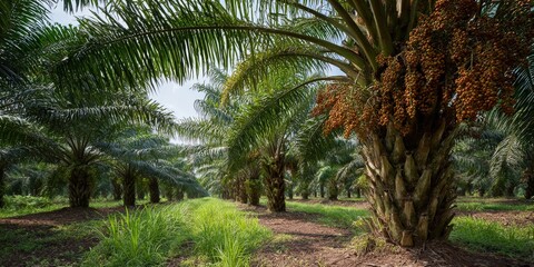 Lush palm oil plantation with rows of tall trees and ripe fruit clusters under clear sky