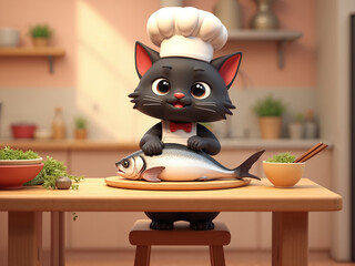 A cute cat dressed as a chef, standing on a wooden stool in a cozy kitchen, carefully cleaning a giant fish on the counter. The cat wears a small apron and chef hat, concentrating with d