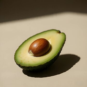 Minimalist close-up of a ripe avocado cut in half with the seed inside, placed on a neutral beige background. The image highlights the smooth green flesh, brown seed, and natural texture of the avocad