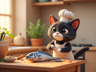 A cute cat dressed as a chef, standing on a wooden stool in a cozy kitchen, carefully cleaning a giant fish on the counter. The cat wears a small apron and chef hat, concentrating with d