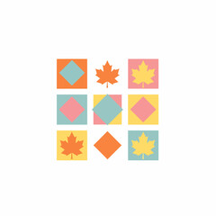 Pastel autumn graphic grid with orange and yellow maple leaves and geometric diamond shapes.