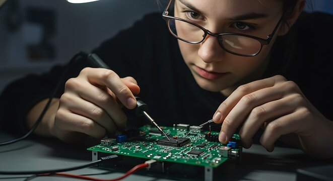 Young Female Engineer Soldering Electronic Circuit Board in Workshop - Powered by Adobe