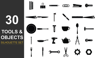 Collection of 30 black silhouettes of tools and household objects