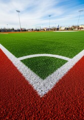 Close up of a baseball field corner showing texture of artificial grass and dirt, white lines for sports field, blue sky