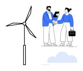 Wind turbine next to handshake between business professionals with documents. Ideal for renewable energy, collaboration, sustainability, eco-friendly initiatives, teamwork, clean energy