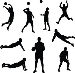 Silhouettes of male volleyball players performing actions, jumping, spiking, diving, serving, standing, holding ball, dynamic sports poses, isolated vector illustration, team sport concept