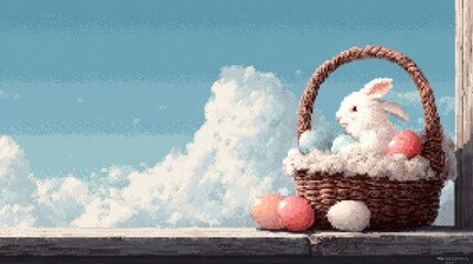 A fluffy white bunny sits in a wicker basket overflowing with pastel Easter eggs, perched on a windowsill against a bright blue sky and fluffy clouds