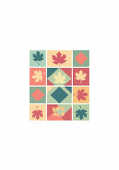 Retro Autumnal Quilt Pattern with Maple Leaf Silhouettes and Geometric Shapes.
