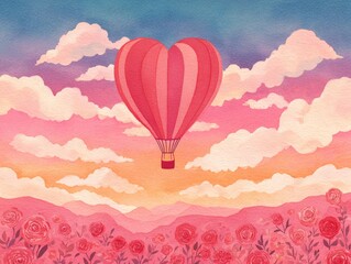 Fototapeta premium Valentine's day celebration dreamy romantic hot air balloon over colorful landscape abstract love concept in february's blissful environment