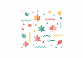 Flat-style autumn leaves design, featuring teal, pink, and yellow maple and ovate leaves, scattered with zig-zag lines and dots.